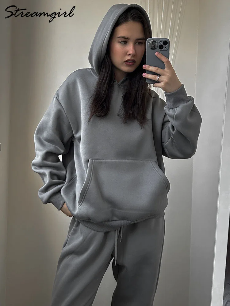 Gray Warm Fleece Suit For Women Winter Thick Velvet Pants Sets Sweatpants Sweatshirt Ladies Warrn Tracksuit Women Two Piece Set