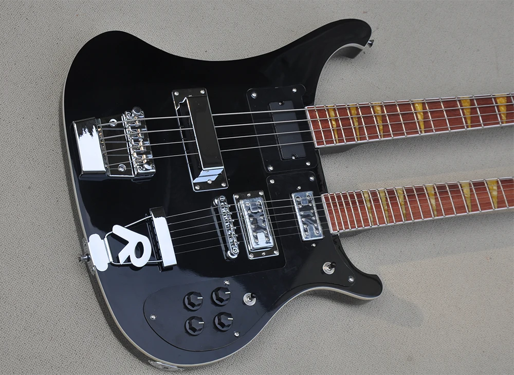 4+6 Strings Black Double Neck Electric Guitar with Black Pickguard,Yellow Pearled Inlay,Can be Customized