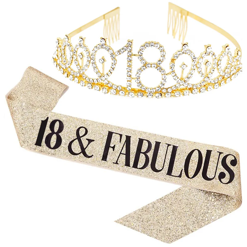 2PCS Fashion Birthday Party Set Women Girls Crowns With Combs Etiquette Belt Princess Tiaras Diadems 10 13 18 21 30 40 Years Old