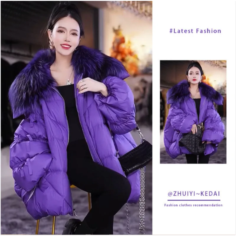 Hot Selling High-end Purple Warm Cotton Jacket unique Super Beautiful Winter Coat with Fur Collar Thick Cotton Jacket for Women