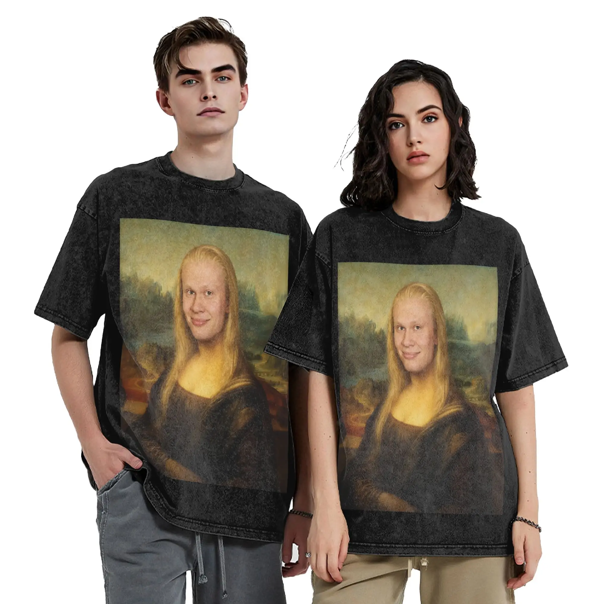 H-Haalands Mona Lisa Meme Norway  Washed T Shirt for Men Women Cotton Vintage T-Shirt Crewneck  Tees Short Sleeve Clothes 6XL