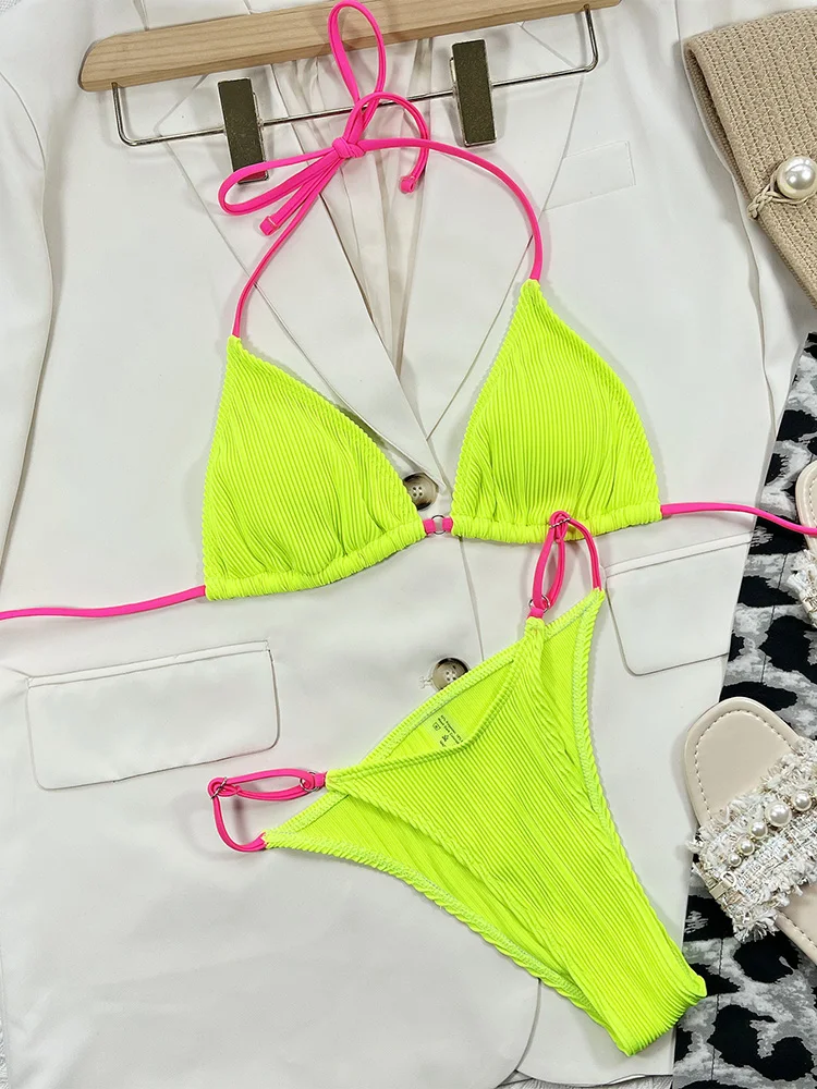 Neon Halter Ribbed Bikini Female Swimsuit Women Swimwear Two-pieces Bikini Set Padded Bather Bathing Suit Swim Lady Beachwear