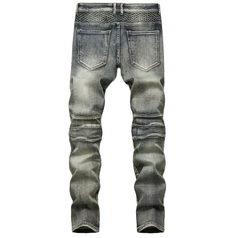New Men's Patchwork Vintage Biker Jeans Hip Hop Slim Straight Elastic Cycling Denim Pants Male Fashion Streetwear Trouser
