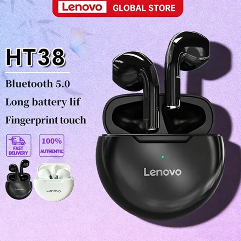 Lenovo HT38 TWS Sport Earphones, Mini Wireless Bluetooth Headset, HiFi Stereo Bass Fast Charging Case Sweatproof Running Earbuds