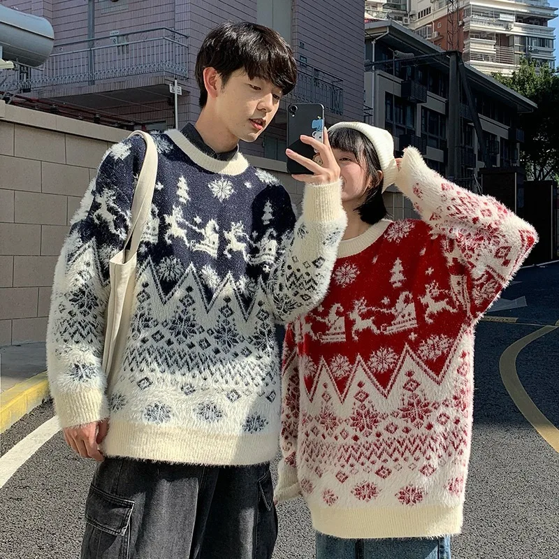

Вязаный свитер унисекс для пар, теплая повседневная одежда свободного кроя из полиэфирного волокна, осенне-зимний трикотаж