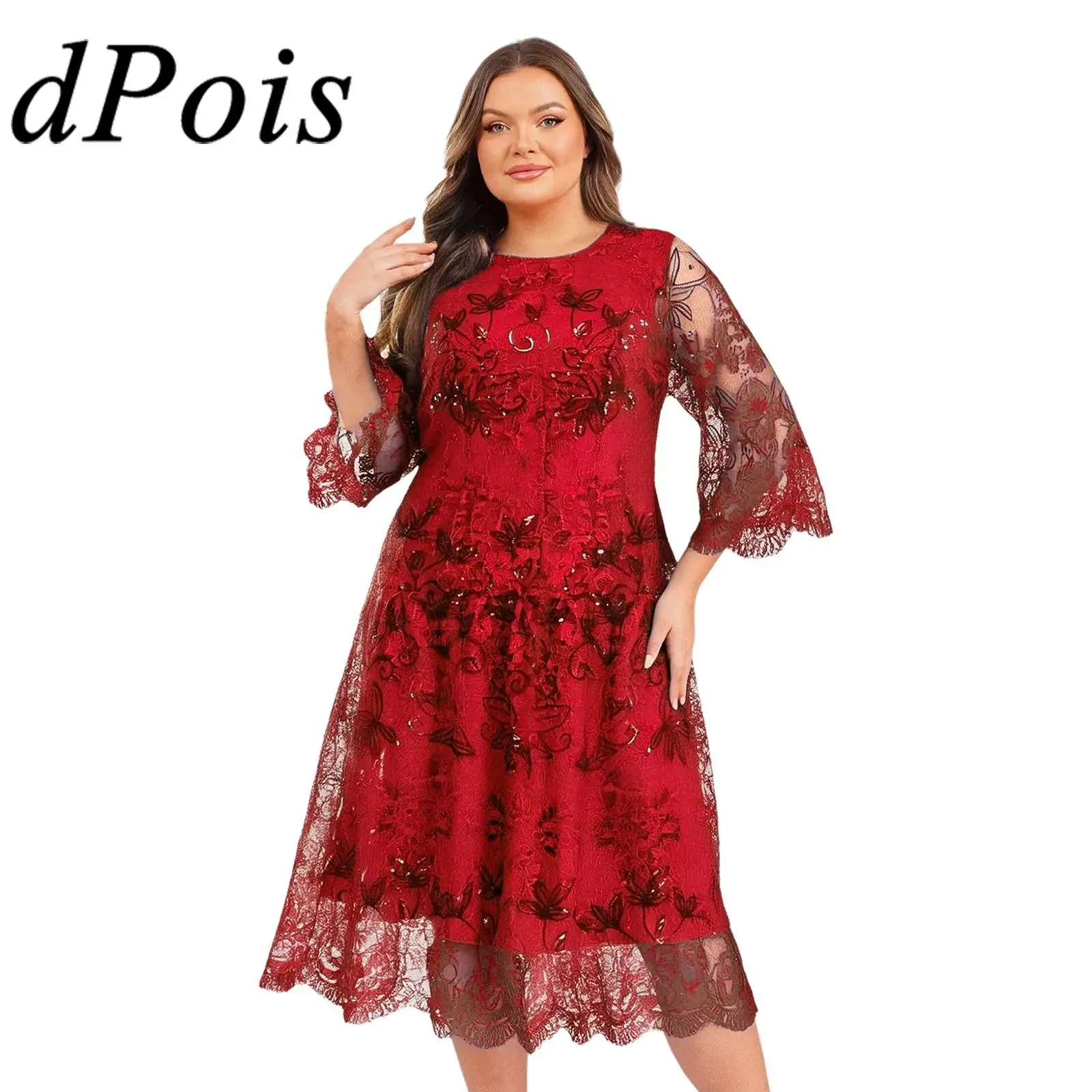 

Evening Dress Women Elegant Sparkly Sequin Loose Oversize Mid-length Sleeves Embroidery Party Dresses Wedding Banquet Gown