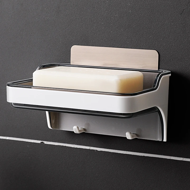 Perforation-Free Wall Mounted Drainable Soap Box Toilet Creative Soap Rack Double Layer Soap Rack With Hook