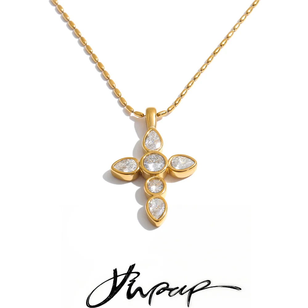 Yhpup Stainless Steel Cubic Zirconia Cross Pendant Necklace for Women 18K PVD Plated Charm Classic Collar Jewelry