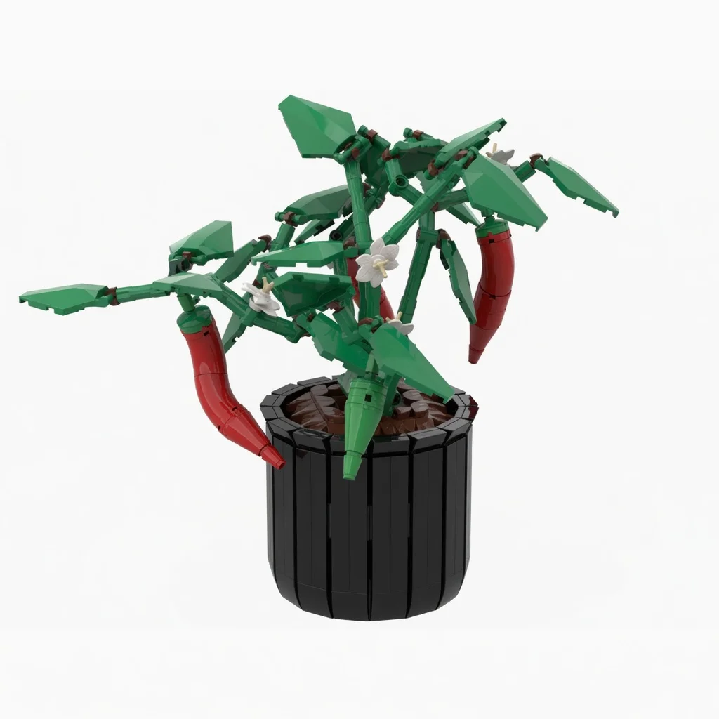 MOC Creative Red Chili Potted Plant Building Blocks Botanical Vegetable Bonsai Model Bricks Home Office Decor Ornament Gift