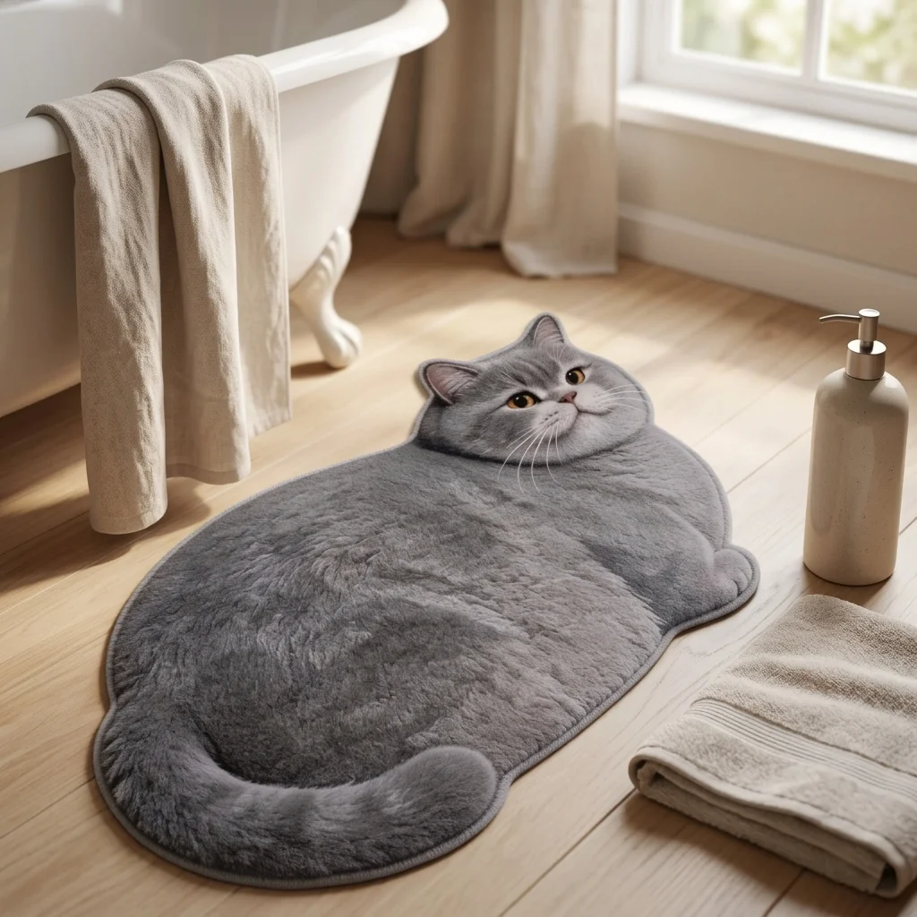 

3D-коврик для ванной в форме милого котика из диатомита, с плоской, гладкой поверхностью, имитирующей кашемир, супервпитывающий, быстросохнущий, нескользящий