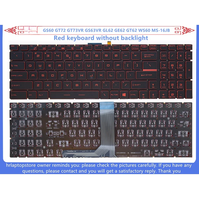 M  For MSI GS60 GT72 GT73VR GS63VR GL62 GE62 GT62 WS60 MS-16JB Backlit US Keyboard
