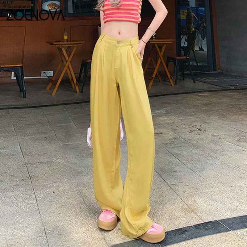 ZOENOVA Fashionable Candy Colored 100% Lyocell Jeans 2023 New High Waist Slim Casual Wide Leg Jeans Elegant High Street Style