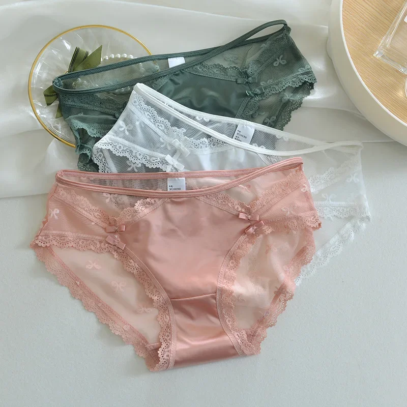 Pure Desire French Satin Lace Mesh Breathable Girly Style Briefs Sexy Cutout Ice Silk Low Waist Summer Underwear For Women