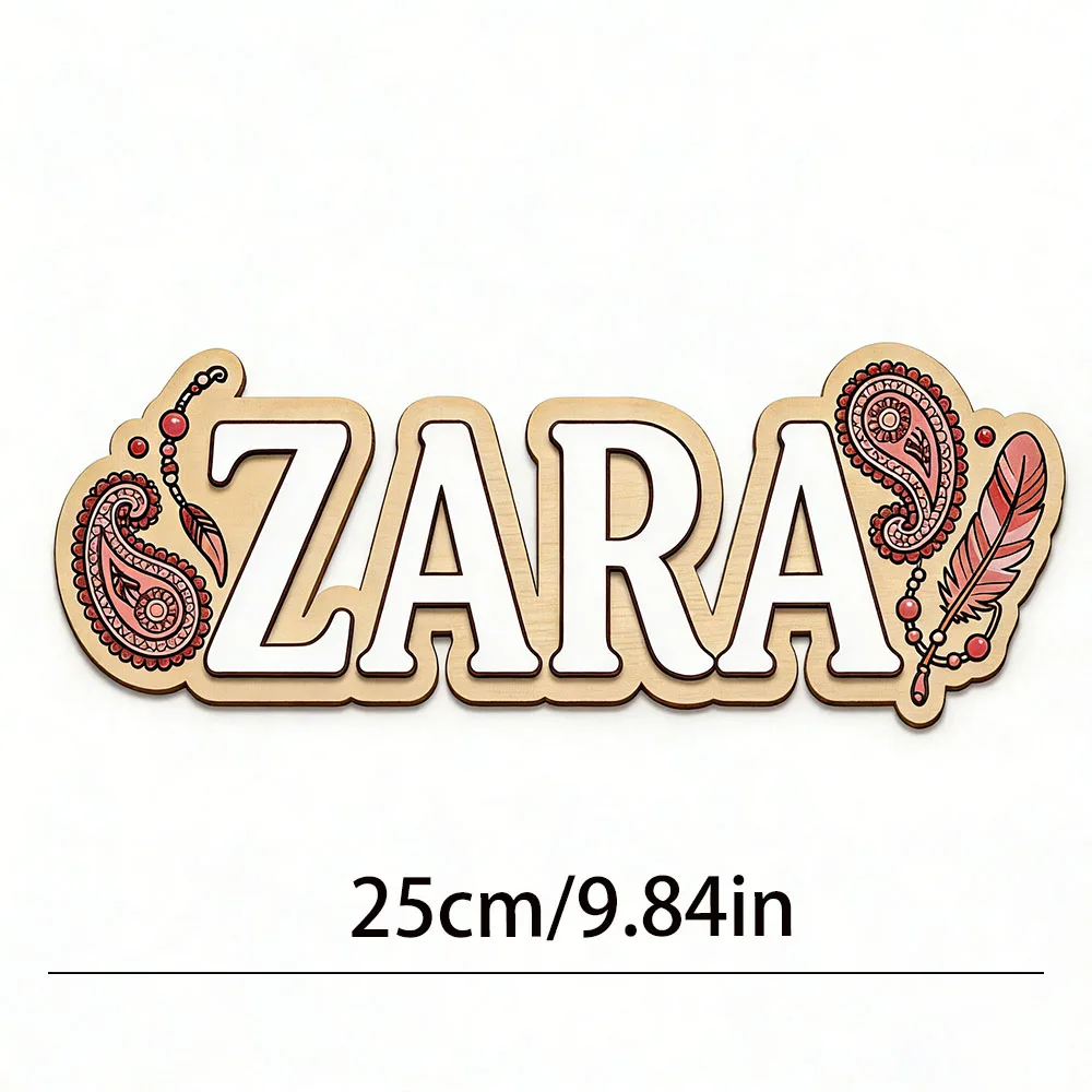 Custom Wooden Name Sign for Girls Boho Paisley Feather Personalized Nursery Wall Decor 3D Letter Door Plaque Baby Shower Gift