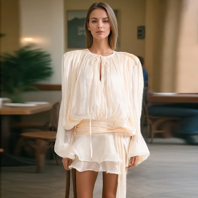 

Trendy Women's Best-selling Tulle Puff Sleeves Short Skirt Summer New Pleats Ruffles Design Short Dress Summer Dress Y2k Dress