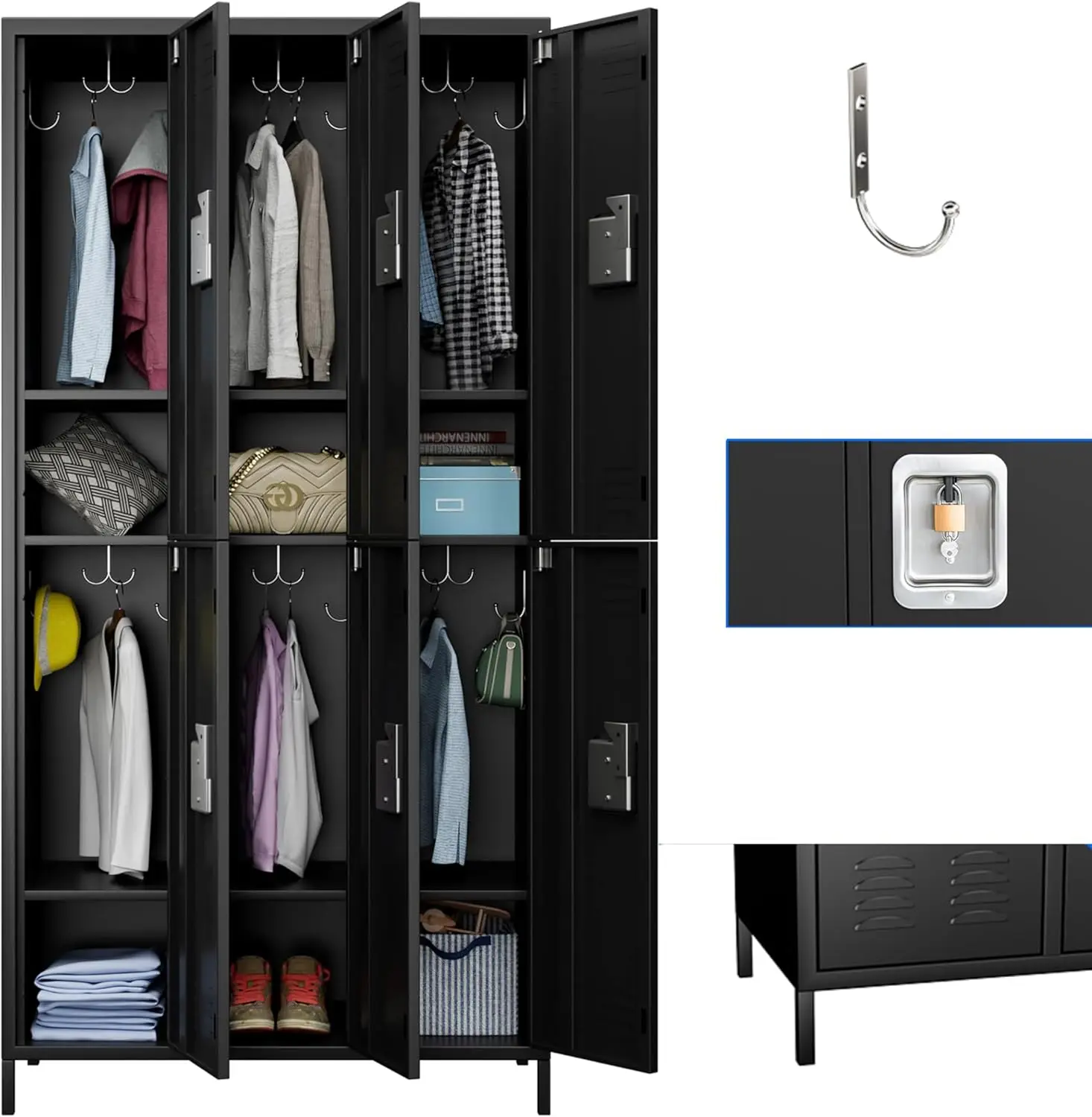 Metal Lockers for Employees with Lock&12 Metal Hooks,6 Doors Black Metal Lockers for Office,School,Gym