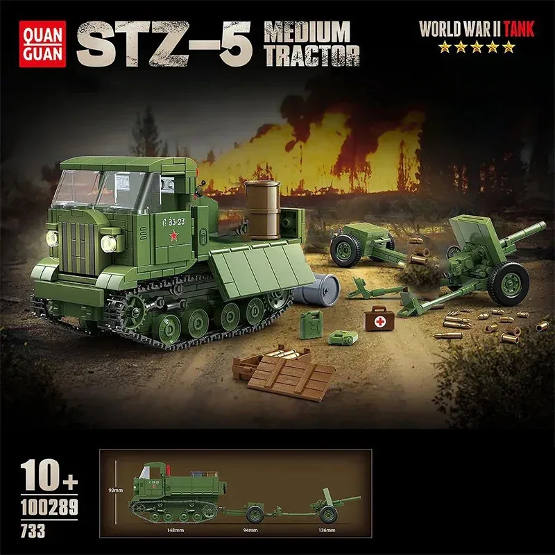 

New 733PCS Military WW2 STZ-5 Medium Tractor Building Blocks Set Army Soldier 3 Figures Bricks Educational Toys for Boys Gift