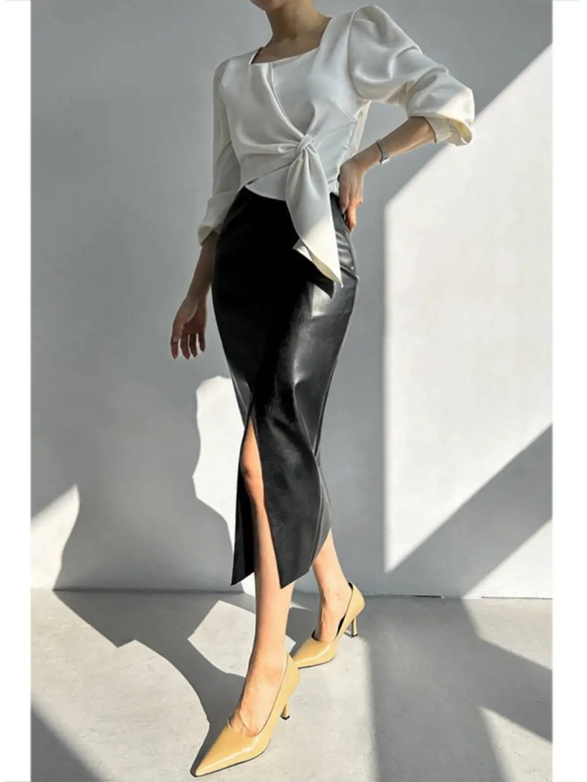 Women Vintage Black Leather Skirt Autumn Winter High Waist Split Mid Length Wrap Skirts