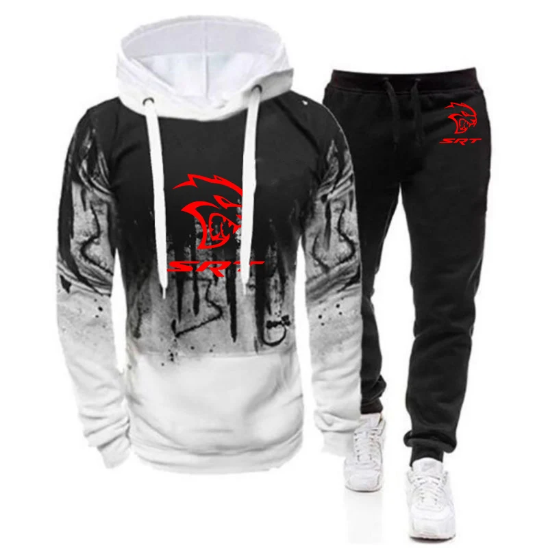 SRT Hellcat 2022 Men's New Tracksuits Gradient Color Hooded Hoodie + Casual Printing Sweatpant Leisure Harajuku Sportwear Suits