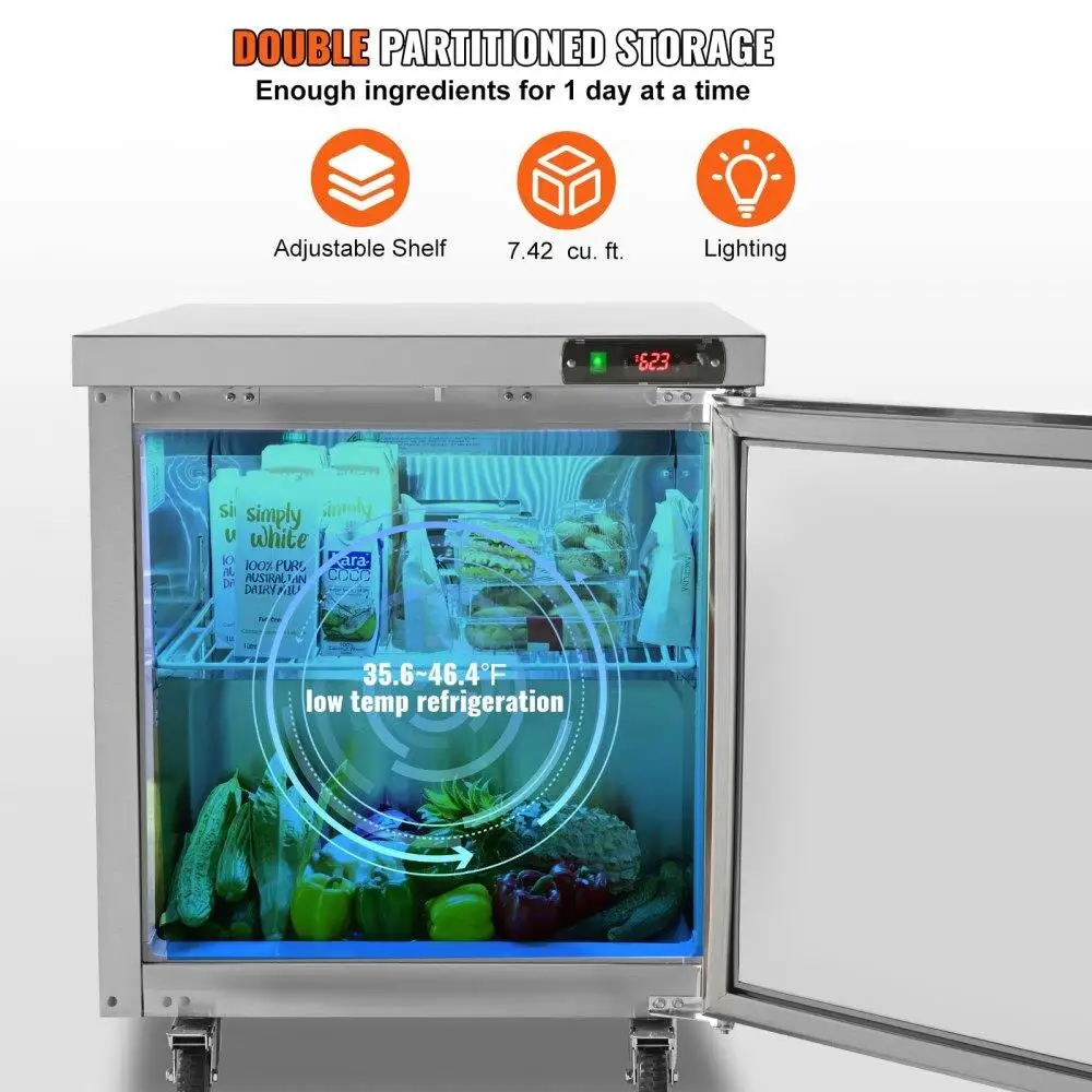 Commercial  Preparation Fridge Undercounter Workbench Design 28-inch 7.4 Cubic Feet Capacity Thick Stainless Steel