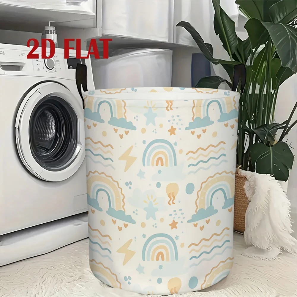 Rainbow Ripple Pattern Round Laundry Basket Large Capacity Foldable Polyester Storage Bin with Handle Ideal for Home Dorm