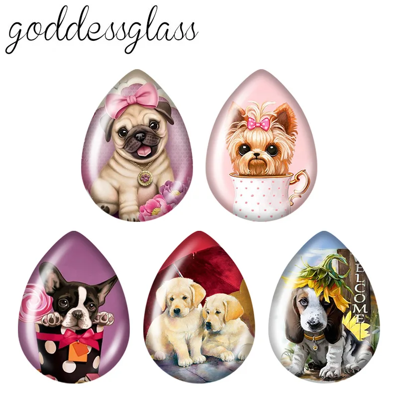 5pairs Cute Dog Love Pets collie Husky Hiromi Tear Drop Photo Glass cabochon flat back for DIY Earrings Jewelry Making Findings