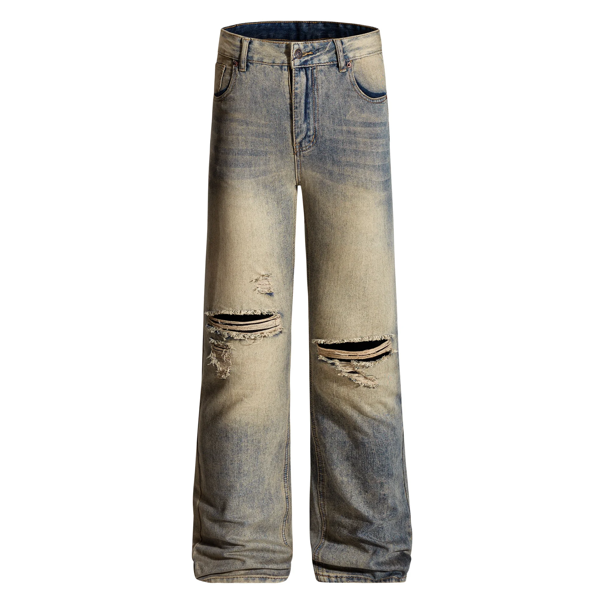 

Джинсы GXFortune в американском ретро-стиле с эффектом потертости и дырками, унисекс, зауженные, слегка расклешенные, струящиеся, в пол, для повседневной носки