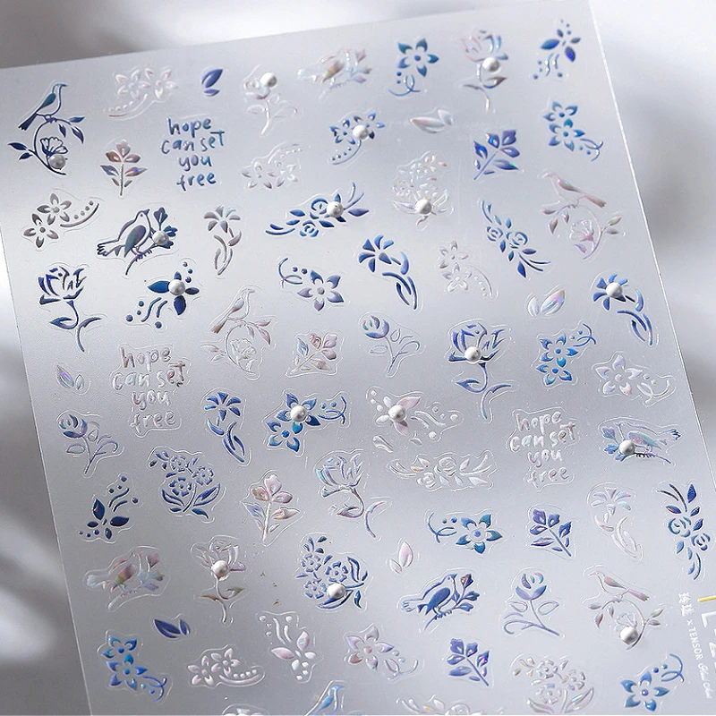 Chinese Style Polarized Blue White Flowers Leaf Bird Vintage Pattern 3D Self-Adhesive Nail Stickers Gold Stamped Manicure Decals