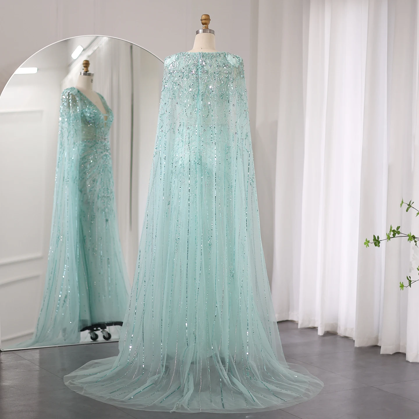 Sharon Said-Robe de Soirée de Forme Sirène Luxueuse et Argentée, Tenue de Mariage avec Cape, Col en V, Turquoise, SS397