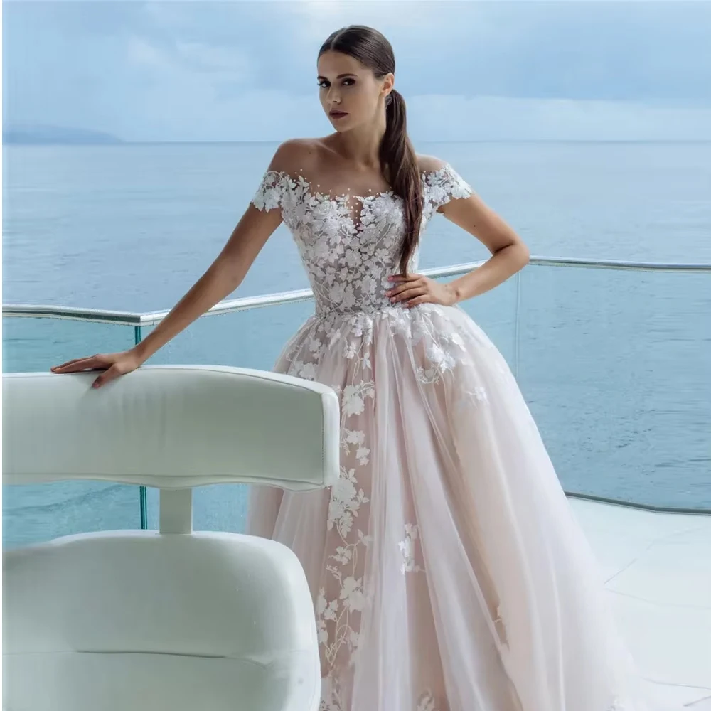 Customized Sweet Princess Off Shoulder Short Sleeve A-line Beach Wedding Dress  For Woman Bride Lace Stickers Bridal Gown