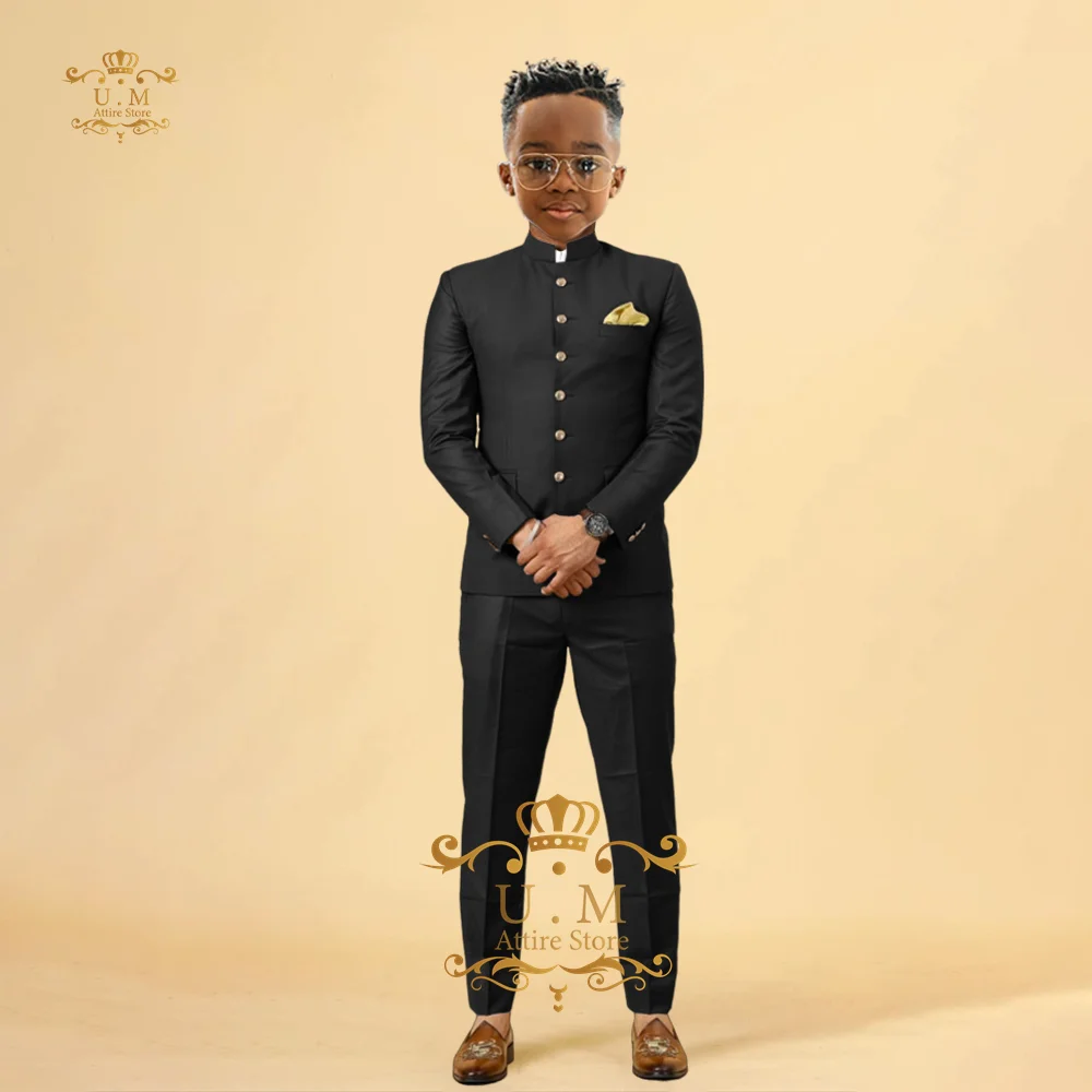 

Boys' Leisure Walking Suit 2-piece Slim Fit African Style Dashiki Black Jacket Pants Perfect for Wedding Outfits Custom Tuxedo