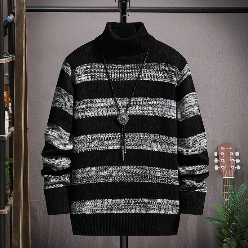 Men's Striped Polo/turtle Neck Knitted Top Casual Fashionable Pullover Two Lapel Sweater Autumn/winter For Young Koreans