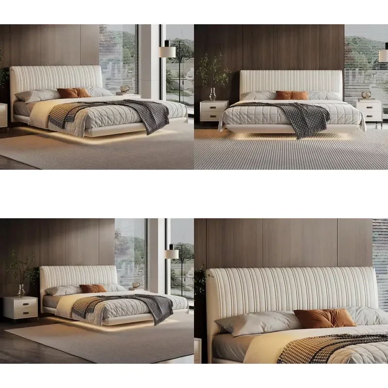 Italian Minimalist Floating Bed Shell Shaped Beveled Frame Ergonomic Curved Backrest Soft Genuine Leather Ambient LED