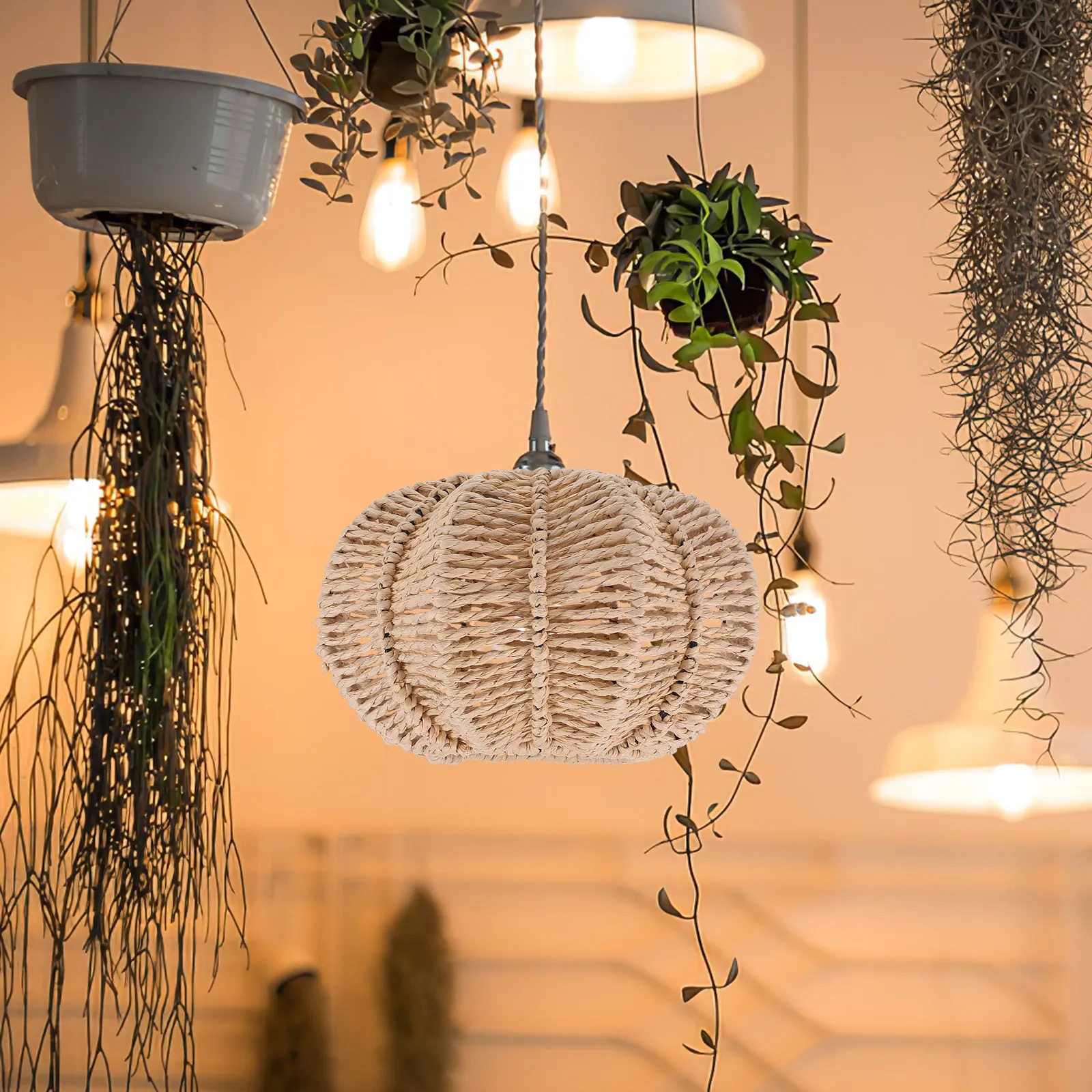 Vintage Woven Paper Rope Lampshade Replacement Handmade Pumpkin Style Light Cover For E27 Ceiling Pendant Floor Wall Sconces