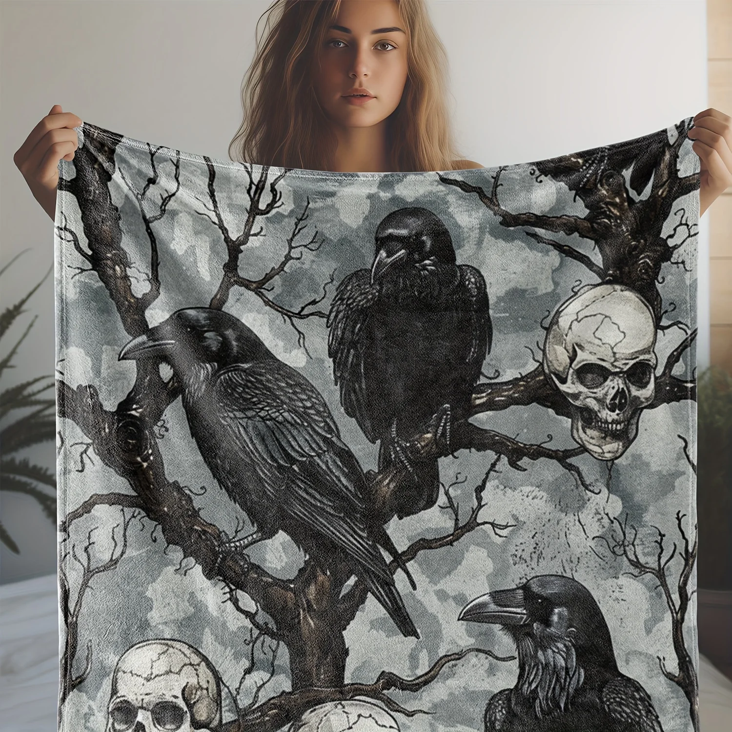 Halloween Skull Crow Flannel Blanket, Vintage Retro Style Soft Throw, Cozy Gift for Sofa Bed Camping, All Season Home Decor