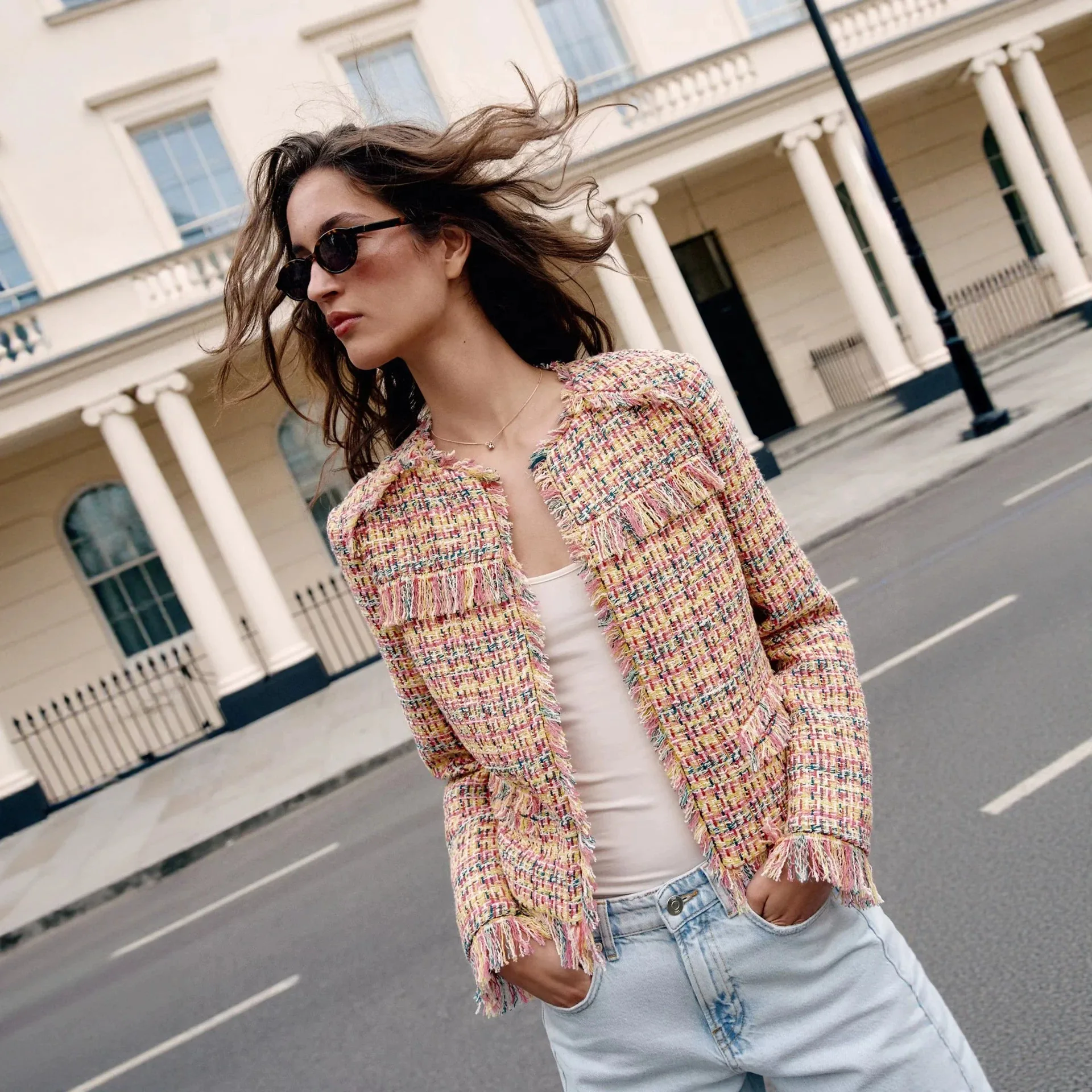 Multicolor Tweed Jacket Round Neck Fringe Trim Open Front Long Sleeve Cropped Women Streetwear Outerwear Coat 260901
