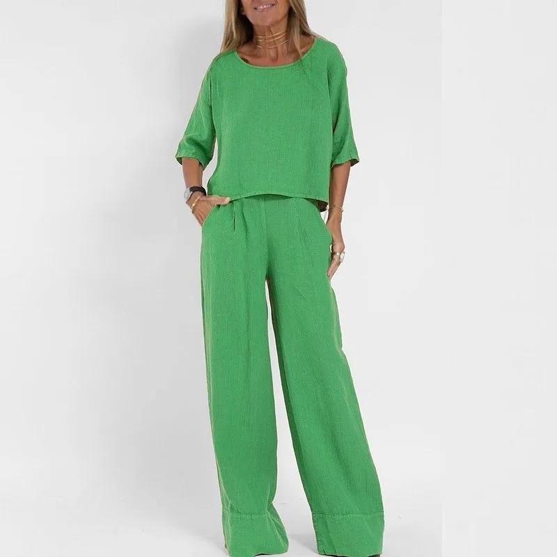 Crop Top Shirt & Wide Leg Pants Set Y2k Vest Green Matching Sets Spring Vintage Boho High Waist Loose Work 2024 Suit Streetwear