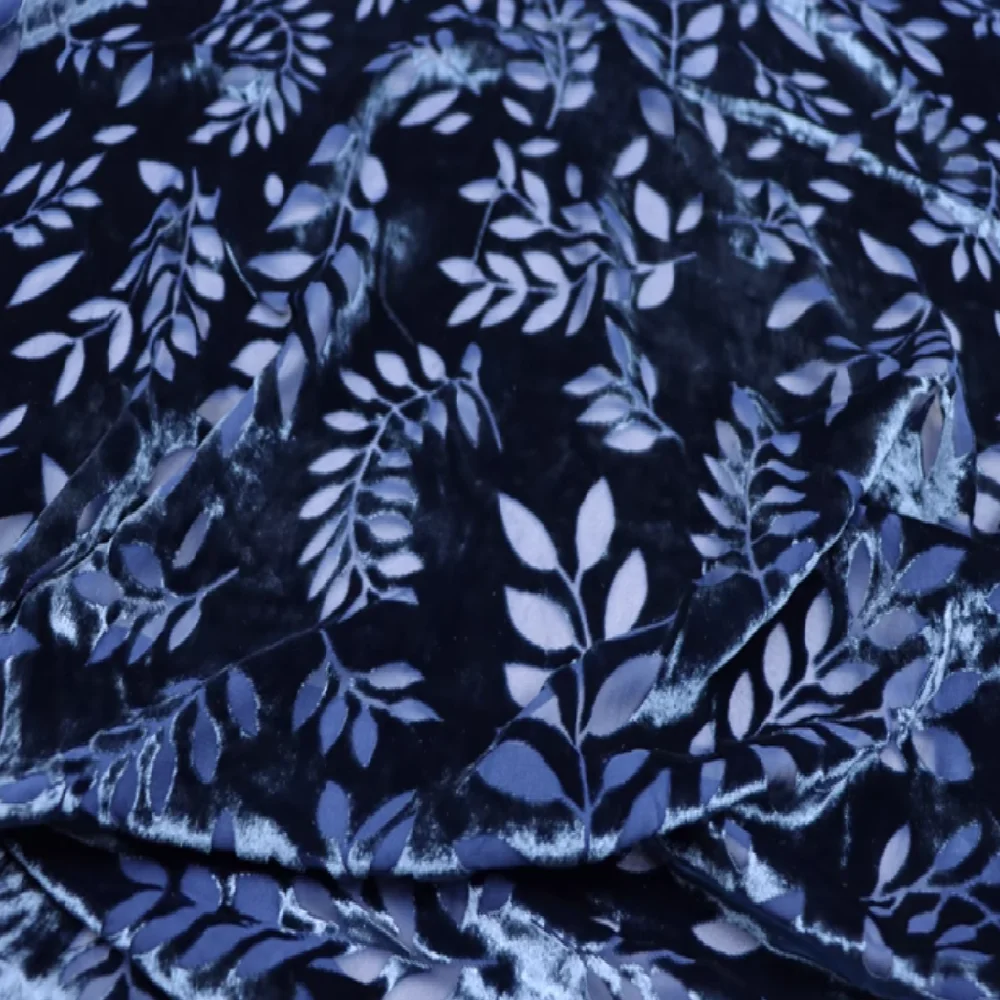 Increíble tela de terciopelo de seda suave elegante Floral de hoja azul marino oscuro para mujer suave vestido de fiesta de vacaciones blusa Casual