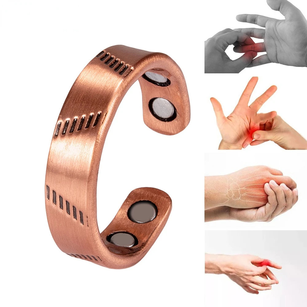 Copper Rings Magnetic Energy Health Arthritis Pain Relief Vintage 6mm Finger Ring Lines Cuff Adjustable Ring for Women Men