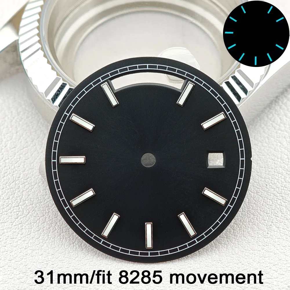 31mm ダイヤル ミヨタ 8285 ムーブメントに適しています ダイヤルとポインターは上向きで、デュアルカレンダーダイヤル ブルーグリーン夜光時計アクセサリー
