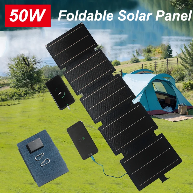 50W Foldable Solar Panel 5-Fold 5V USB/Type-C Output Portable Solar Cell Power Bank Charger for Mobile Phone Camping Outdoor