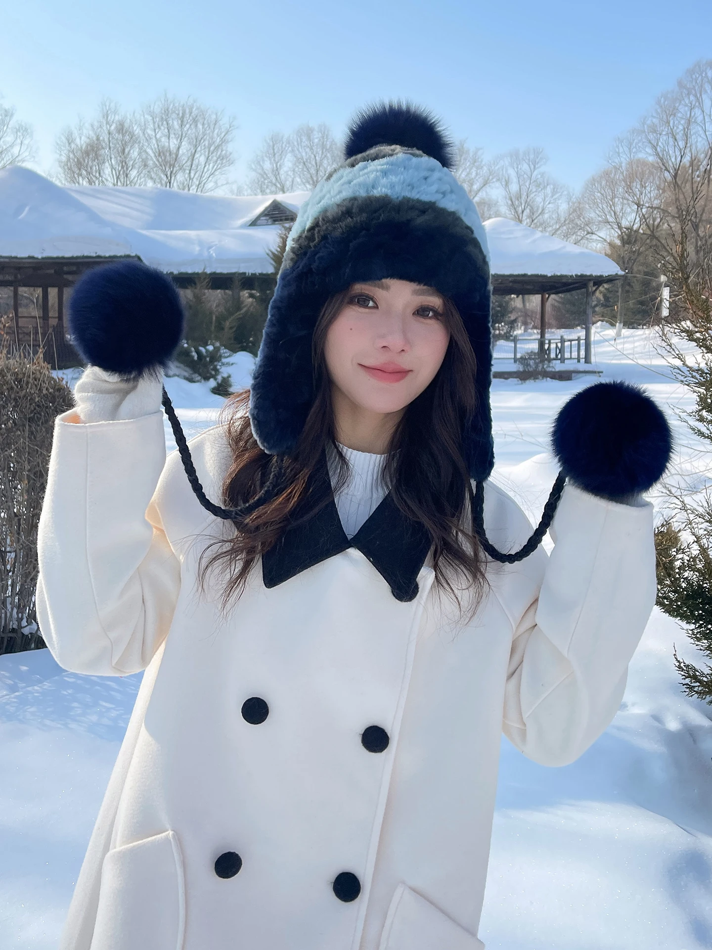 

Genuine Rex Rabbit Fur Hat for Women Fall Russian ushanka Stripe Fur Cap lady winter Warm Head Wear Elastic Knitted Bomber Hats