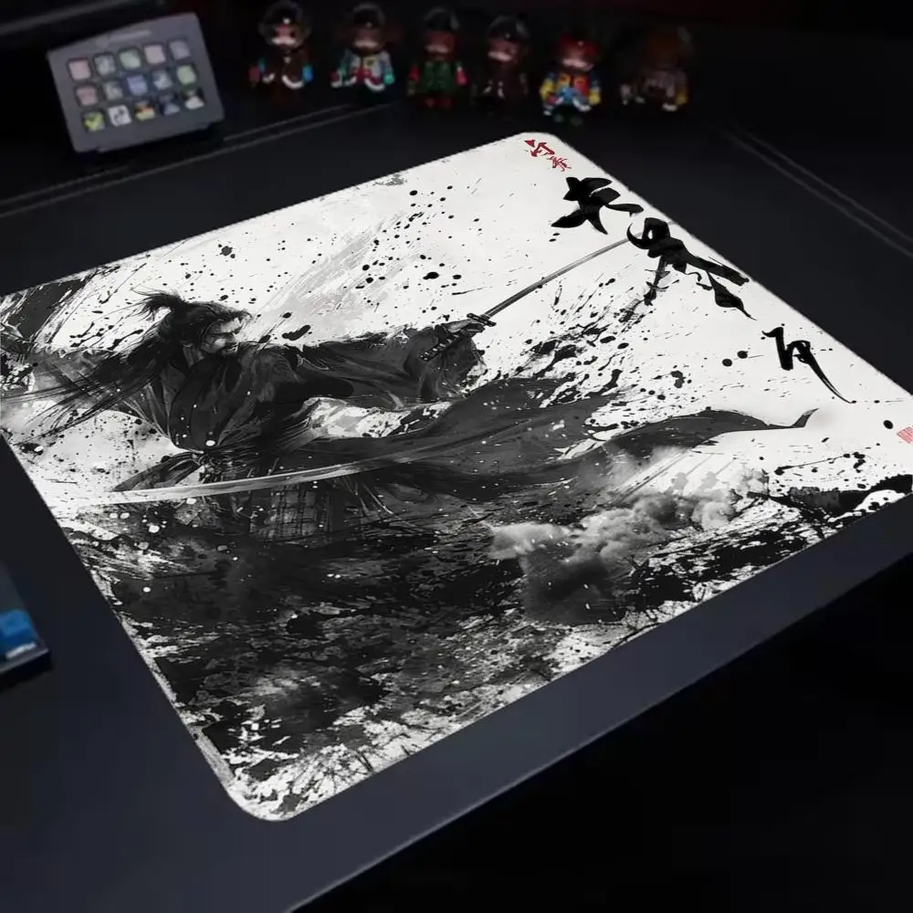 Small Gaming Mousepad Ink Splash Samurai Warrior Katana Print Smooth Non-Slip Rubber Base Mouse Mat For Laptop PC Office Desk