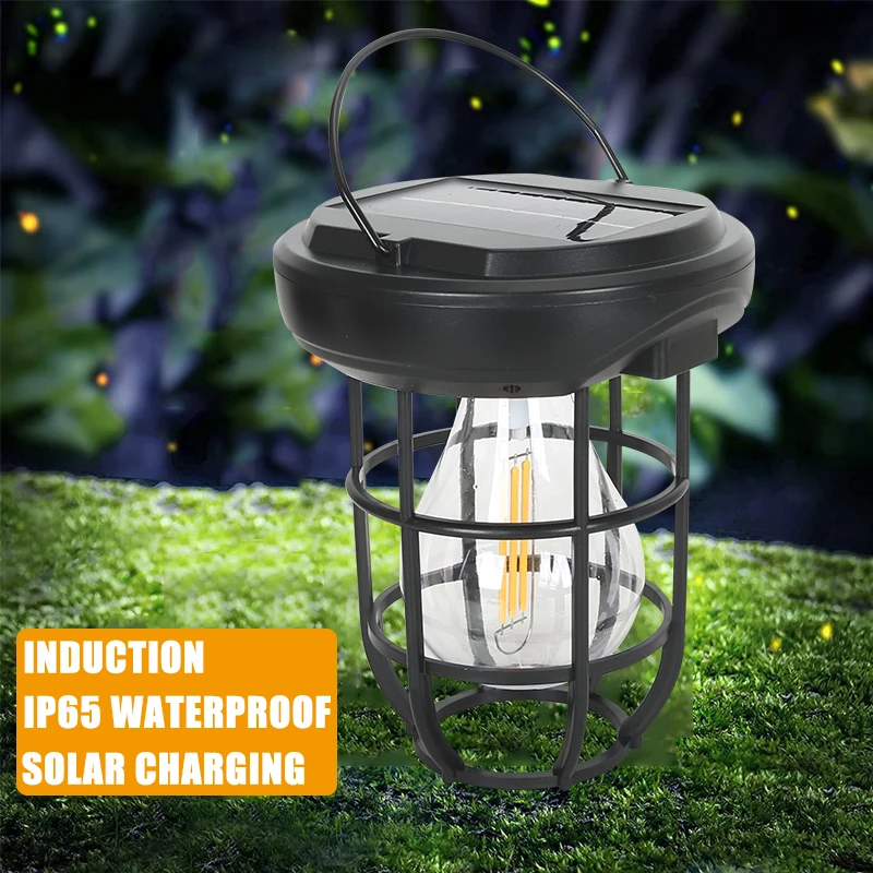 Solar Waterproof Camping Lantern Emergency Power Supply Rechargeable Tungsten Filament Lamp Retro Style Hanging Tent Light