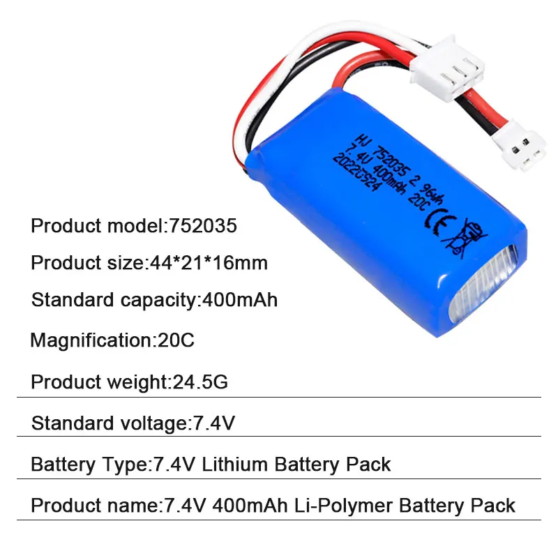 7.4V 2s Battery 400mAh 752035 20C Jst Sm Xh2.54 Ph2.0 Plug for DM007 Quadcopter Aerial Drone Accessories + USB Charging Cable