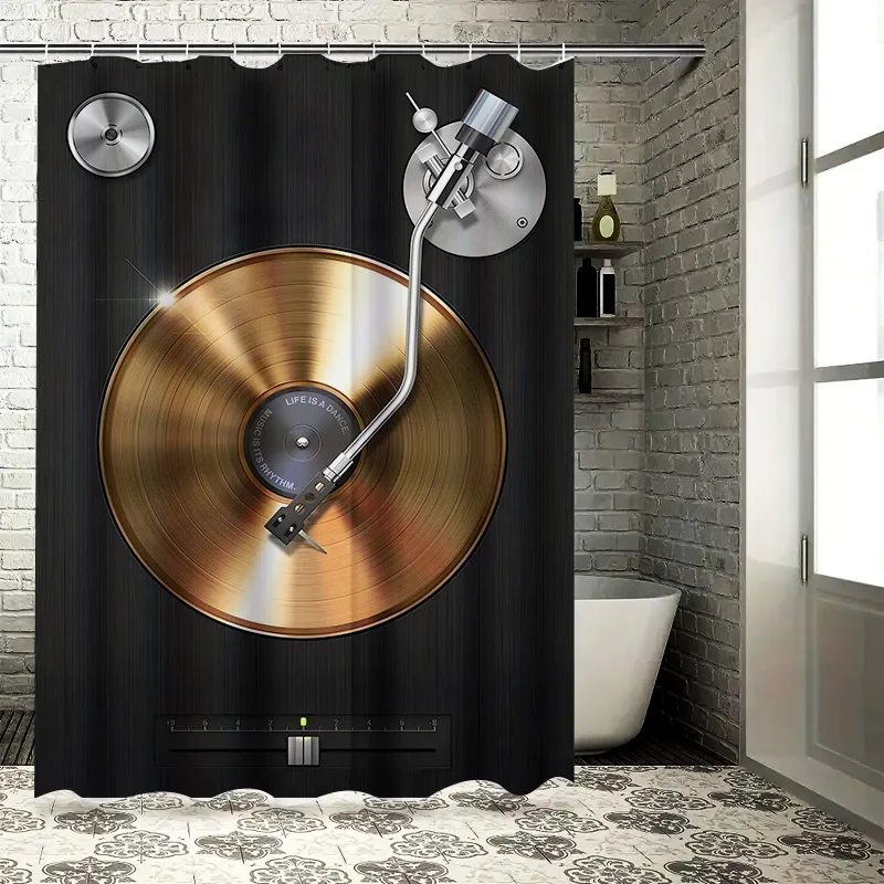 Vintage Vinyl Shower Curtain Turntable Print Gold Record Bath Decor Luxurious Bathroom Accessories for Home Decoration Waterproo