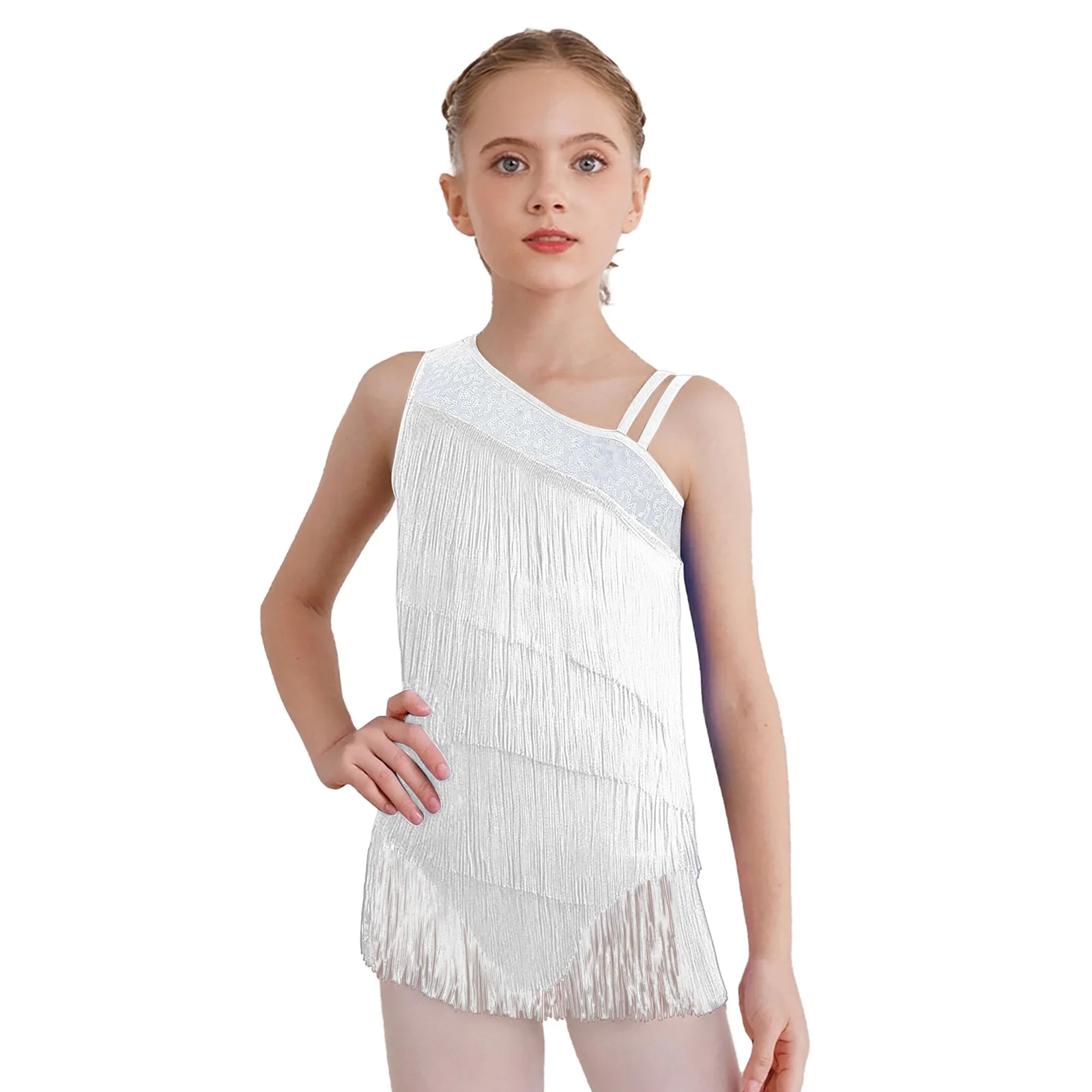 Kids Girls Modern Ballroom Salsa Latin Dance Performance Tassel Costume Sleeveless Tiered Tassels Asymmetrical Leotard Dancewear