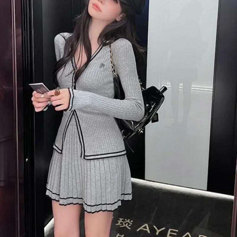 Spring Autumn Knitted Set Women College Style Single-breasted V Neck Cardigan Top and Mini Pleated Skirt Sexy Girls 2 Piece Suit