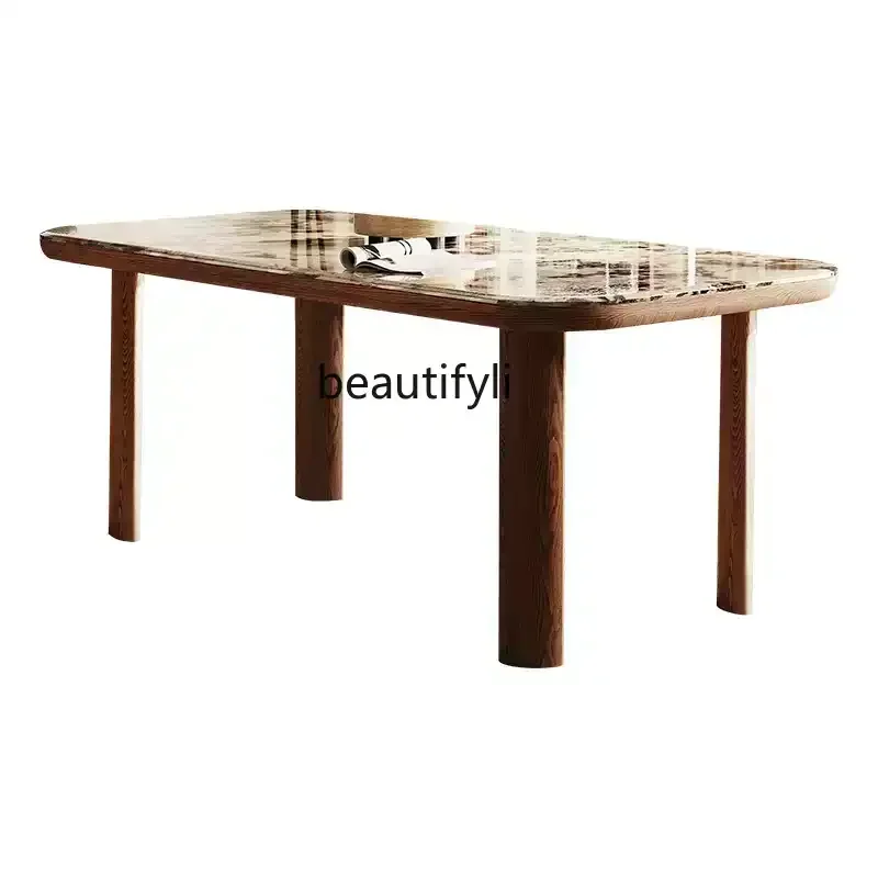 

Marble dining table, modern simple rectangular natural supercrystalline stone light luxury high-end solid wood dining table