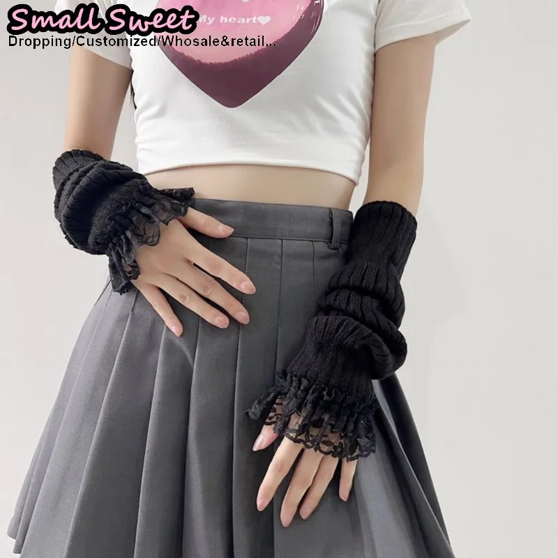 تنوعا y2k الفتيات لوليتا jk القوط المرأة محبوك غطاء الأكمام نصف إصبع الغزل مدفئات للذراع المعصم الأصفاد الدانتيل تكدرت قفازات
